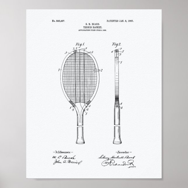 Tennis Racket 1907 Weißbuch zum Thema Patentkunst Poster (Vorne)