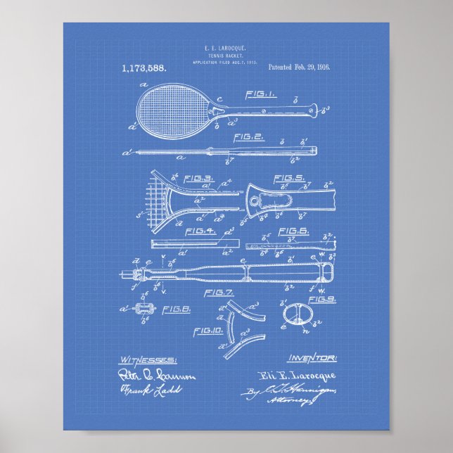 Tennis Racket 1916 Patentart - Blueprint Poster (Vorne)