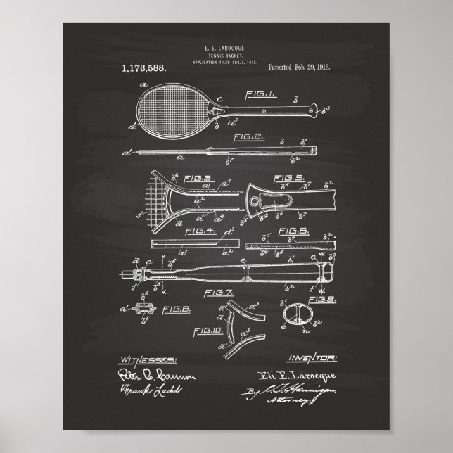 Tennis Racket 1916 Patentart - Chalkboard Poster (Vorne)