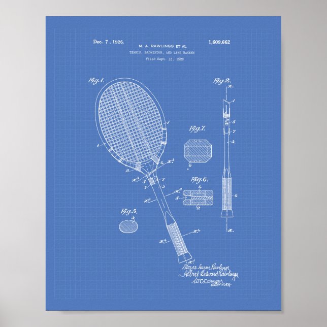 Tennis Racket 1925 Patent Art Blueprint Poster (Vorne)