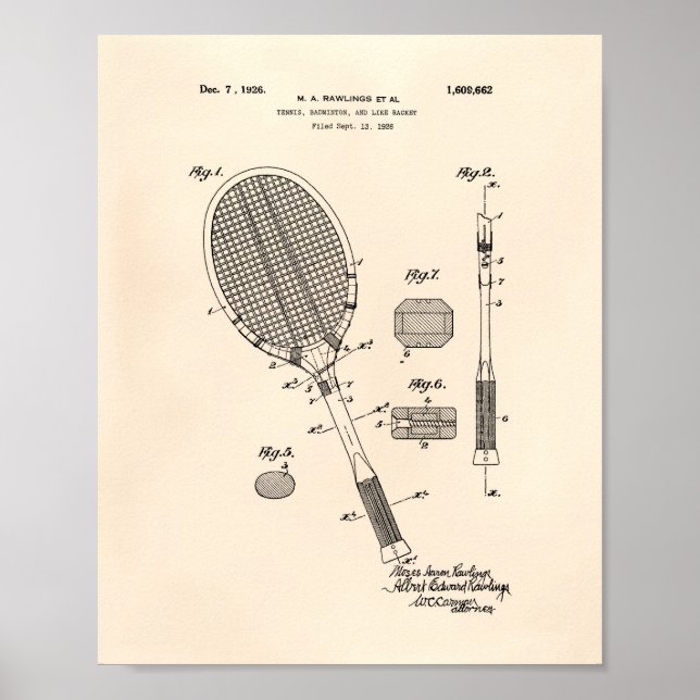 Tennis Racket 1925 Patent Art Old Peper Poster (Vorne)
