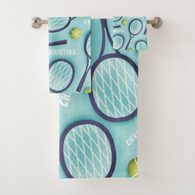 Tennis Racket Ball & Kids Girls Muster blau Badhandtuch Set (Insitu)