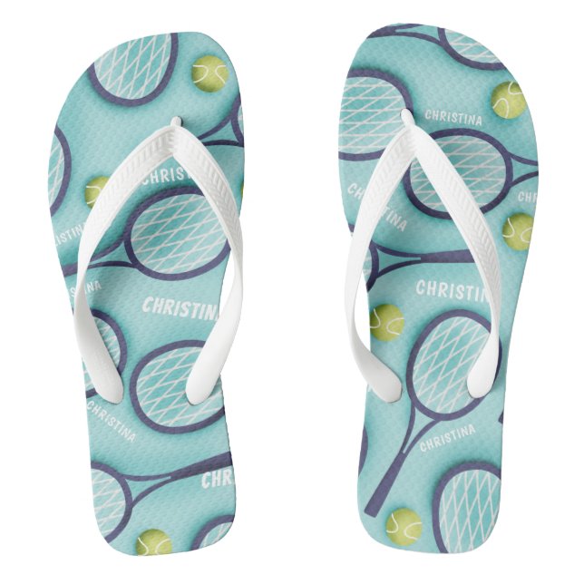 Tennis Racket Ball & Kids Girls Muster blau Flip Flops (Fußbett)