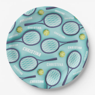 Tennis Racket Ball & Kids Girls Muster blau Pappteller