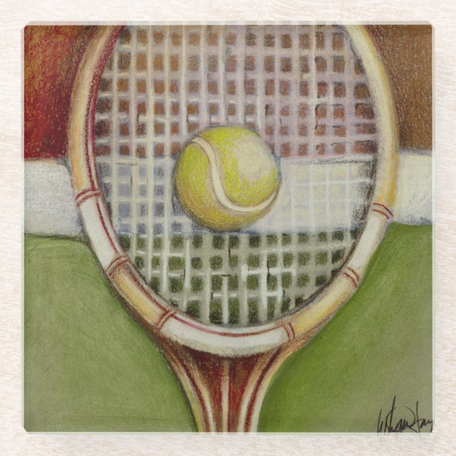 Tennis-Racket mit Ball-Lay vor Gericht Glasuntersetzer (Vorderseite)