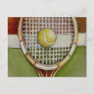 Tennis-Racket mit Ball-Lay vor Gericht Postkarte