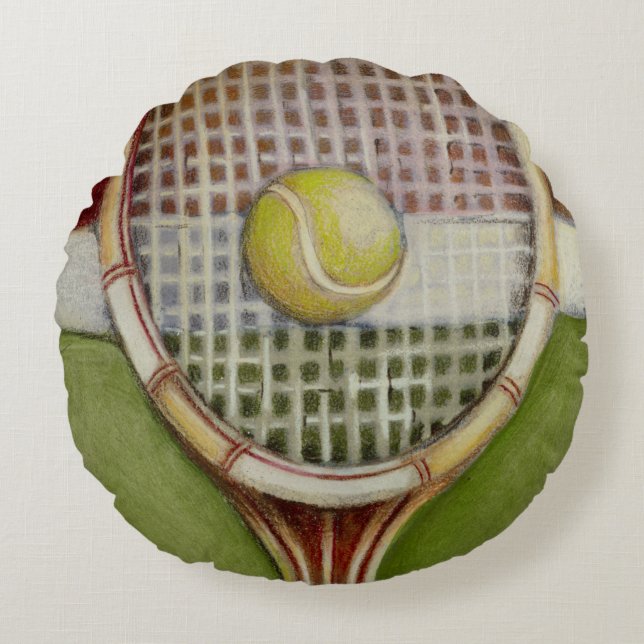 Tennis-Racket mit Ball-Lay vor Gericht Rundes Kissen (Vorderseite)
