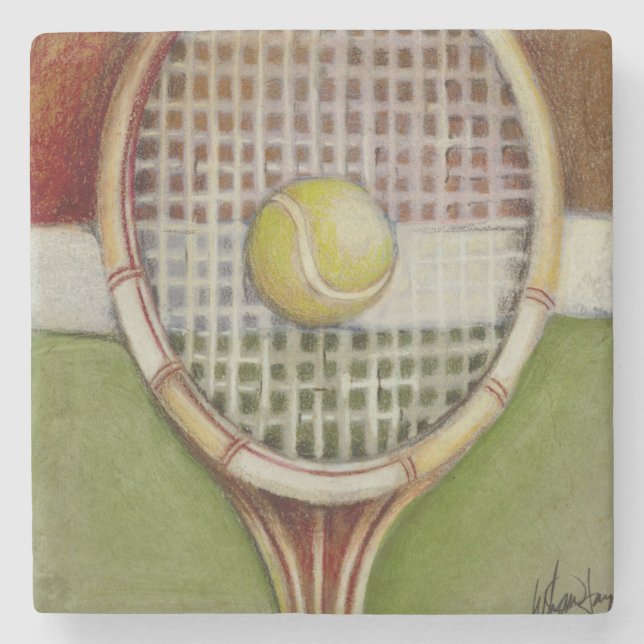 Tennis-Racket mit Ball-Lay vor Gericht Steinuntersetzer (Vorderseite)