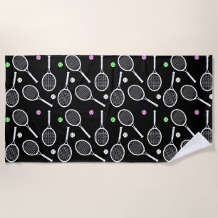 Tennis Racket Pattern Schwarzer Hintergrund Strandtuch