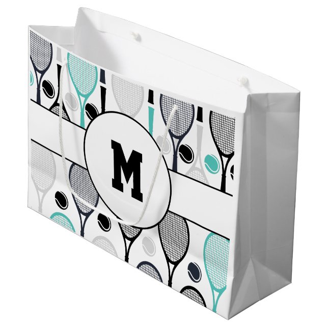 Tennis Rackets Monogram, Initial Green Black Sport Große Geschenktüte (Vorderseite Schrägansicht)