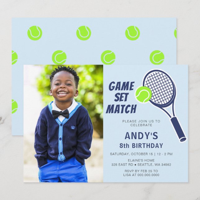 Tennis Racquet Blue Boys Foto Geburtstag Einladung (Vorne/Hinten)