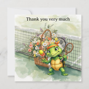 Tennis-Schildkröte-Spieler mit Blumenkorb auf dem  Dankeskarte