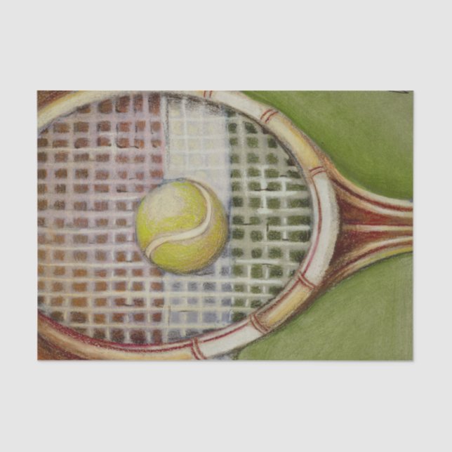 Tennis-Schläger mit dem Ball, der auf Gericht legt Seidenpapier (Vorderseite)