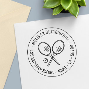 Tennis-Schläger-Rackets und Ball Runde Adresse Permastempel