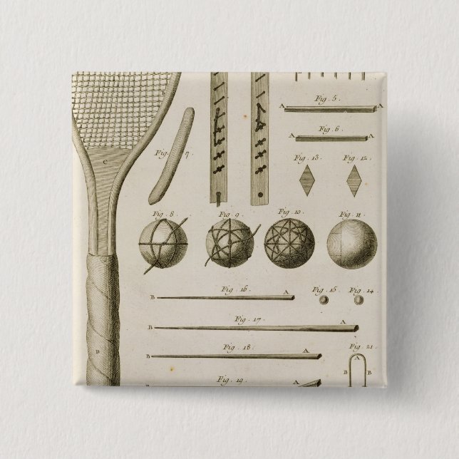 Tennis-Schläger und Billardstöcke, vom 'Encyc Button (Vorderseite)