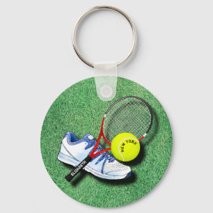Tennis Shoe Ball Racket On Grass And Your Own Text Schlüsselanhänger