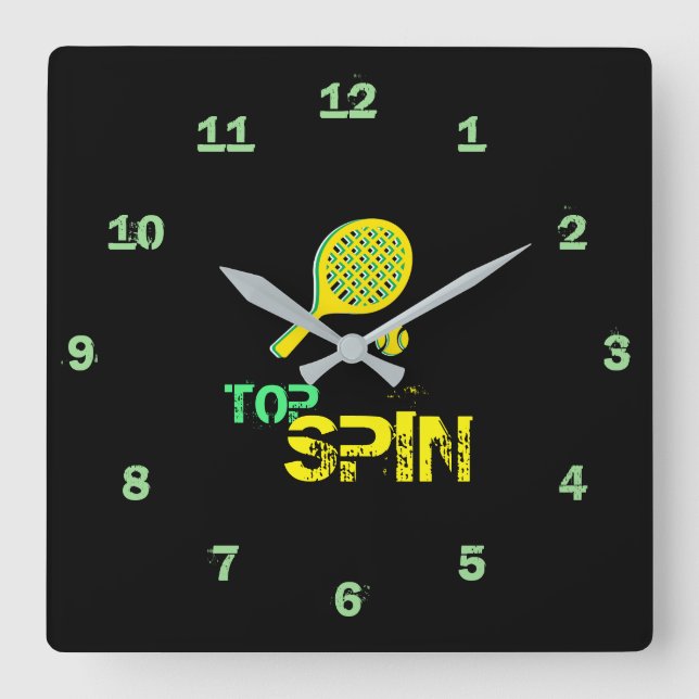 Tennis Sport Pop Kunst, Grün & Gelb Racket & Ball Quadratische Wanduhr (Vorderseite)