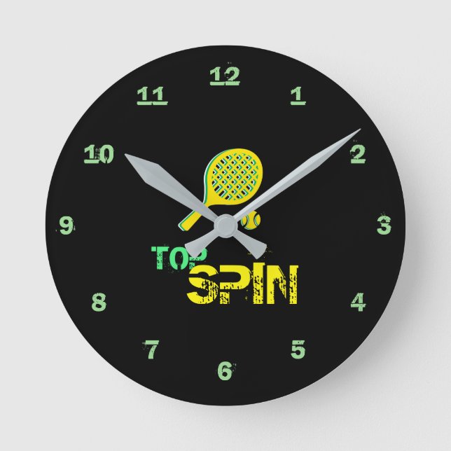 Tennis-Sport-Pop-Kunst, grüner u. gelber Schläger Runde Wanduhr (Vorderseite)
