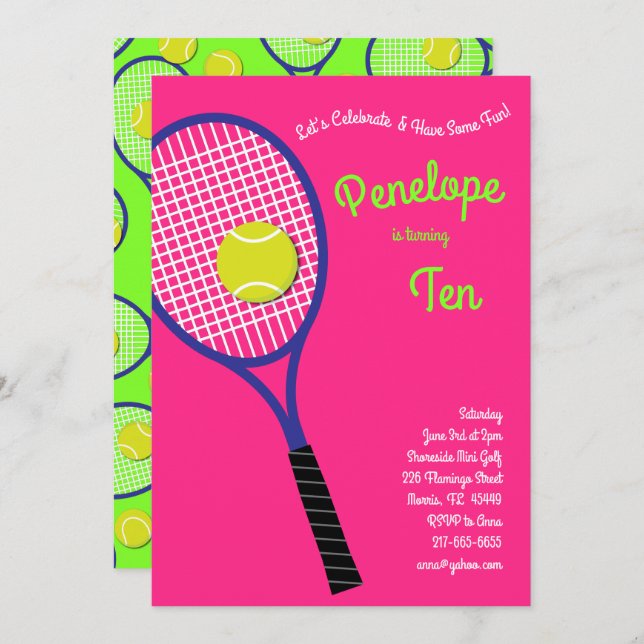 Tennis Sports Kindergeburtstag Party Rosa Girls Einladung (Vorne/Hinten)