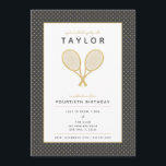 Tennis Star Party Einladung<br><div class="desc">Feiern Sie Ihren Tennisspieler oder Tennisfan mit diesen prächtigen Gold- und Holzkohleeinladungen mit den Imitaten goldene Tennisschläger. Text und Hintergrundfarbe in anpassbarer Form. Das Geburtstagsalter ist ebenfalls anpassbar. Teil einer Sammlung von Parcel Studios. *Hinweis: Die Golddetails in dieser Einladung werden simuliert. Bei der Herstellung dieses Produktes wird keine Folie verwendet....</div>