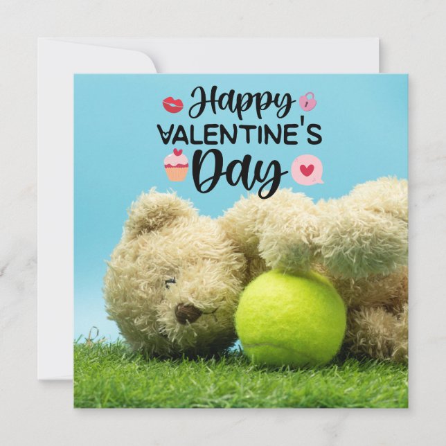Tennis Teddy Bär Happy Valentine's Day to player Karte (Vorderseite)