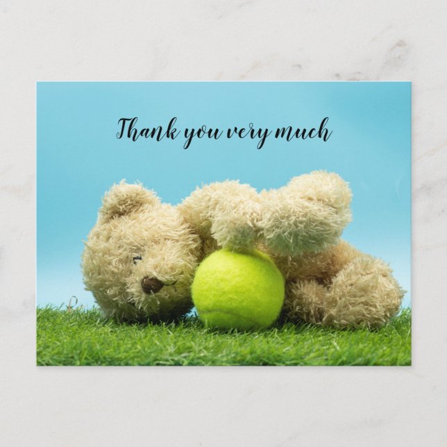 Tennis Teddy Bären hält Tennisball, danke Postkarte (Vorderseite)