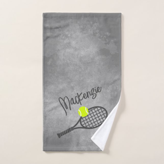Tennis Theme Black Gray Grunge Mit Monogramm Handtuch (Handtuch)