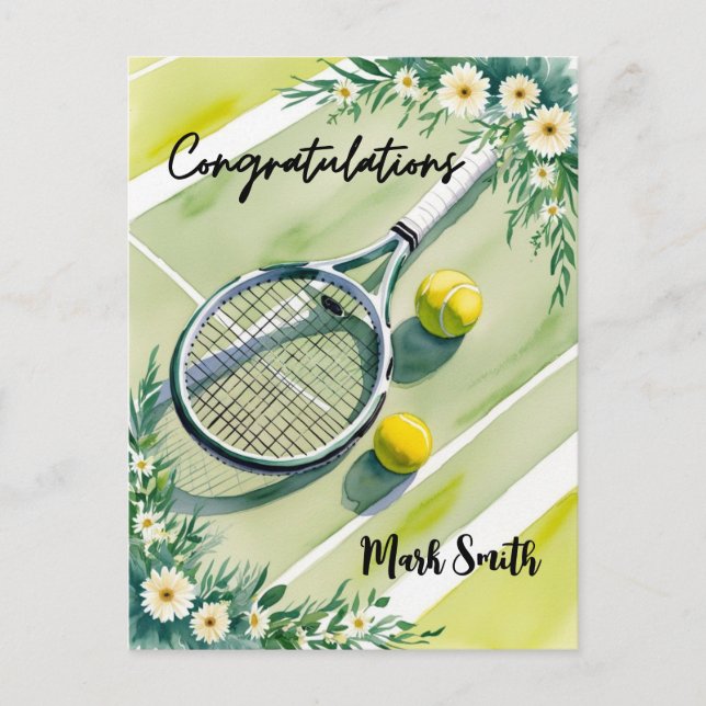 Tennis Themed Herzlichen Glückwunsch Ball und Blum Postkarte (Vorderseite)