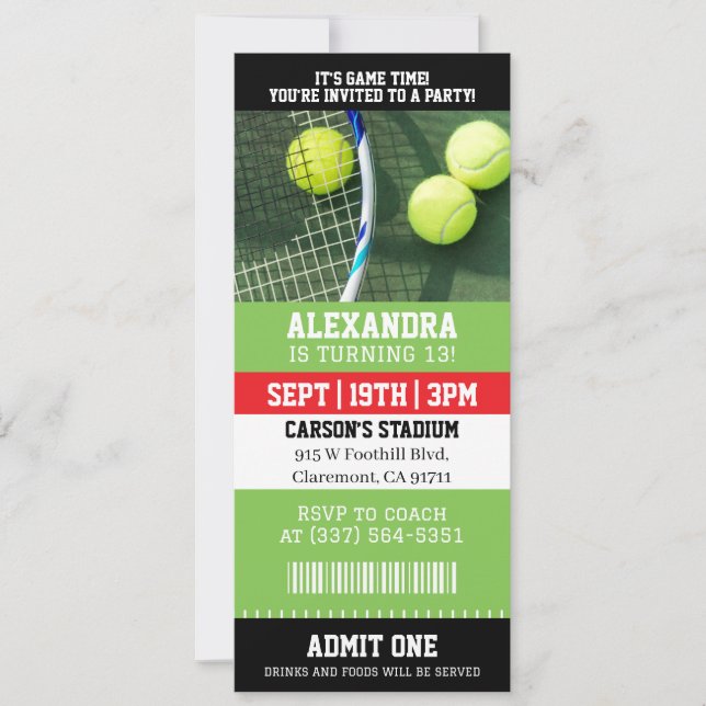 Tennis-Ticket-Geburtstag Einladung (Vorderseite)
