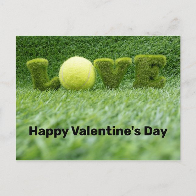 Tennis Valentinstag mit Ball , Schläger und Liebe Postkarte (Vorderseite)