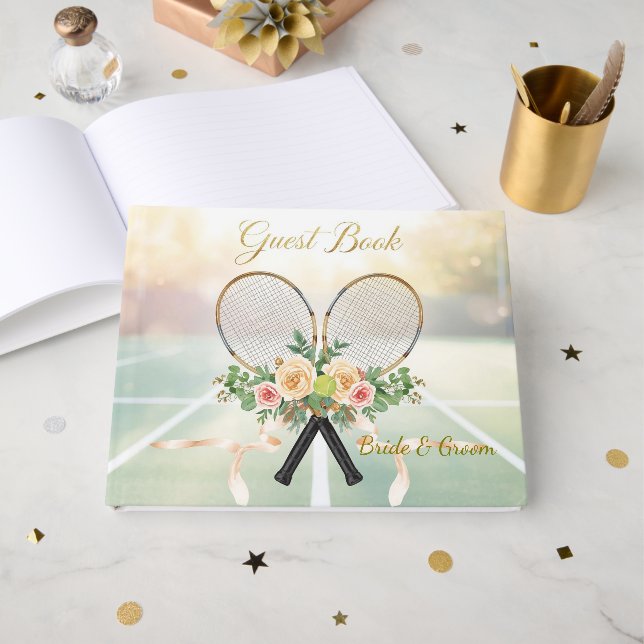 Tennis Wedding Guest Book – Floral Racket  Gästebuch (Vorderseite Offen)