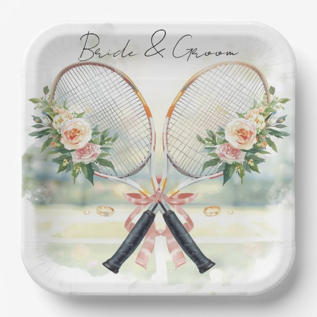 Tennis Wedding Racket with Flower Bride & Groom Pappteller (Vorderseite)