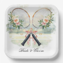 Tennis Wedding Racket with Flower Bride & Groom Pappteller