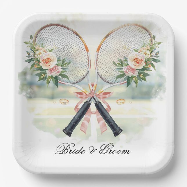 Tennis Wedding Racket with Flower Bride & Groom Pappteller (Vorderseite)