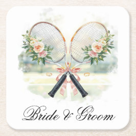 Tennis Wedding Racket with Flowers Bride & Groom  Rechteckiger Pappuntersetzer