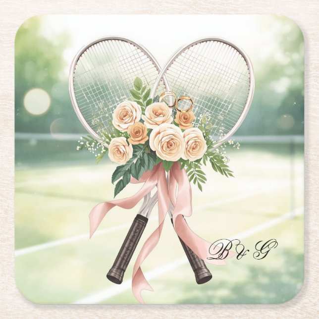Tennis Wedding Racket with Flowers Bride & Groom  Rechteckiger Pappuntersetzer (Vorderseite)