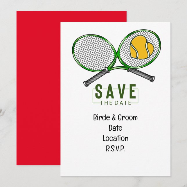 Tennis Wedding Save the Date mit Ball und Schläger Einladung (Vorne/Hinten)