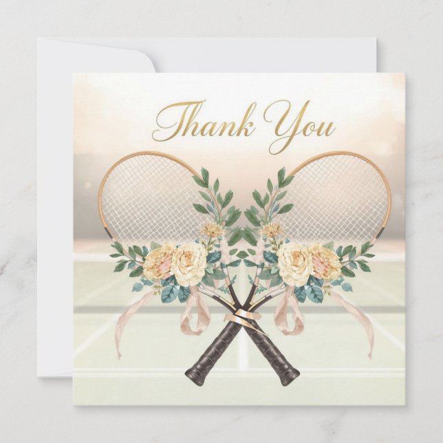 Tennis Wedding Thank You Card with Floral Rackets Dankeskarte (Vorderseite)