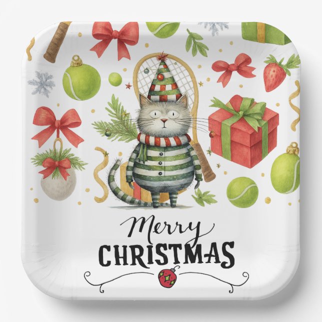 Tennis Weihnachten für den Spieler, der Cat Lieben Pappteller (Vorderseite)