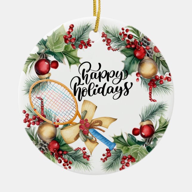 Tennis Weihnachten mit Racket Aquarell Keramik Ornament (Vorne)