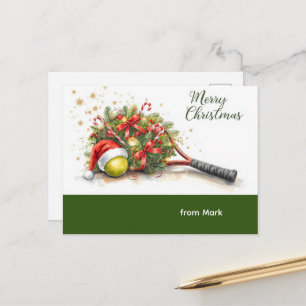 Tennis Weihnachten mit Santa Hut und Schläger Postkarte