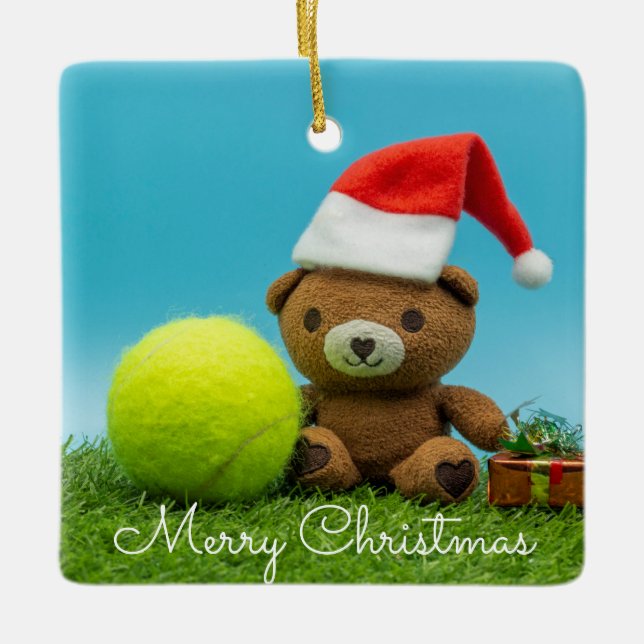 Tennis Weihnachten mit Teddybär & Geschenkschmuck Keramikornament (Vorderseite)