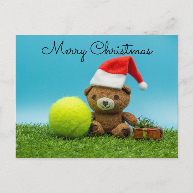 Tennis Weihnachten mit Teddybär & Geschenkschmuck Postkarte (Vorderseite)