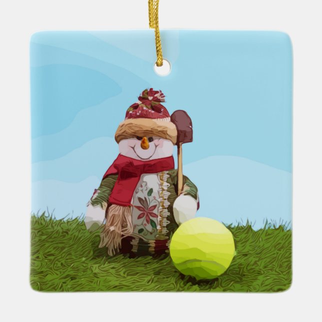 Tennis Weihnachten mit Tennisball und Snowman Keramikornament (Vorderseite)