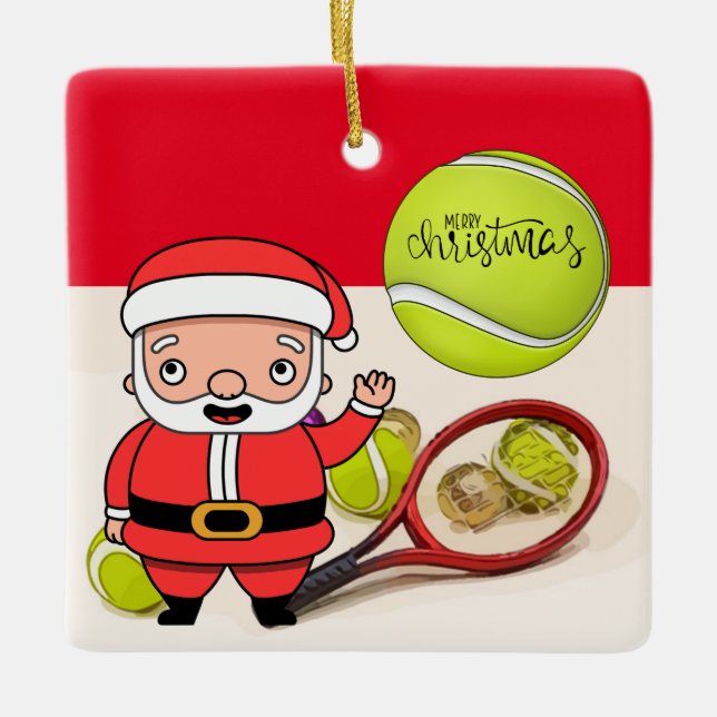 Tennis Weihnachten mit Tennisball und Weihnachtsma Keramikornament (Vorderseite)