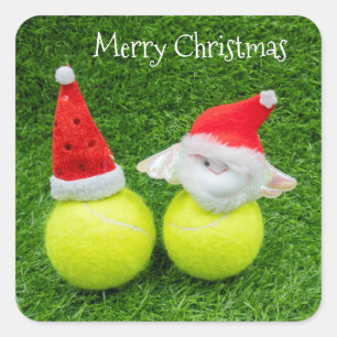 Tennis Weihnachten mit Weihnachtsmannmütze auf Ten Quadratischer Aufkleber