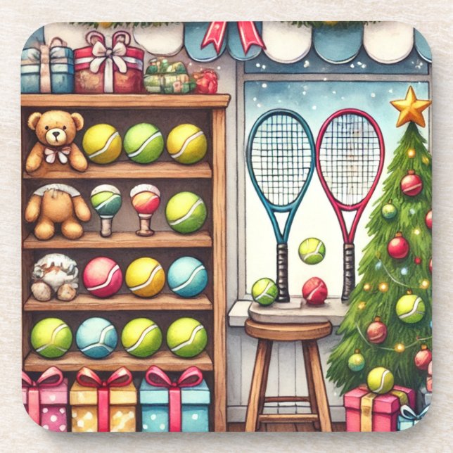 Tennis Weihnachten Thema mit Ball und Racket Getränkeuntersetzer (Vorderseite)
