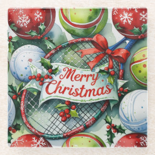 Tennis Weihnachten Thema mit Schläger und Santa Hu Glasuntersetzer