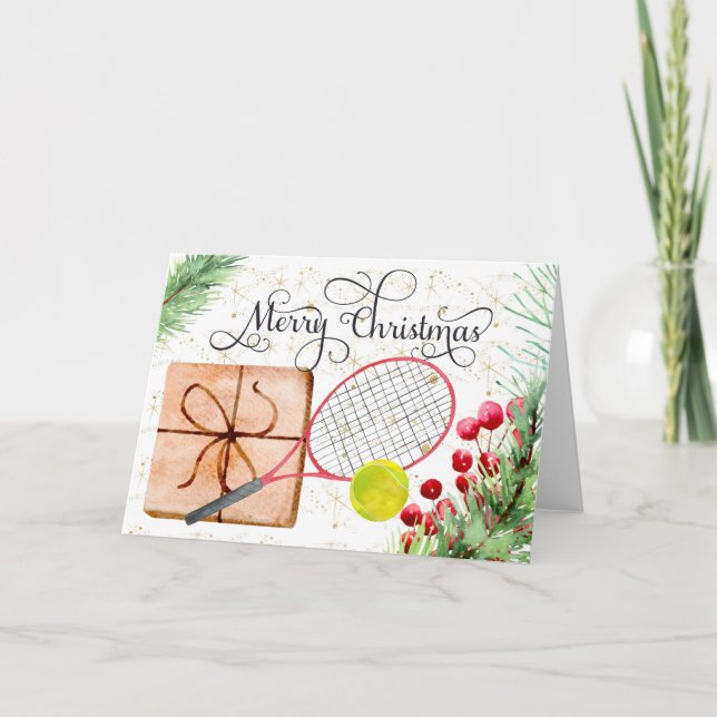 Tennis Weihnachtsball Racket Aquarell Feiertagskarte (Vorderseite)