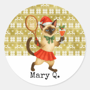 Tennis-Weihnachtsthema für Katzenliebhaber Runder Aufkleber